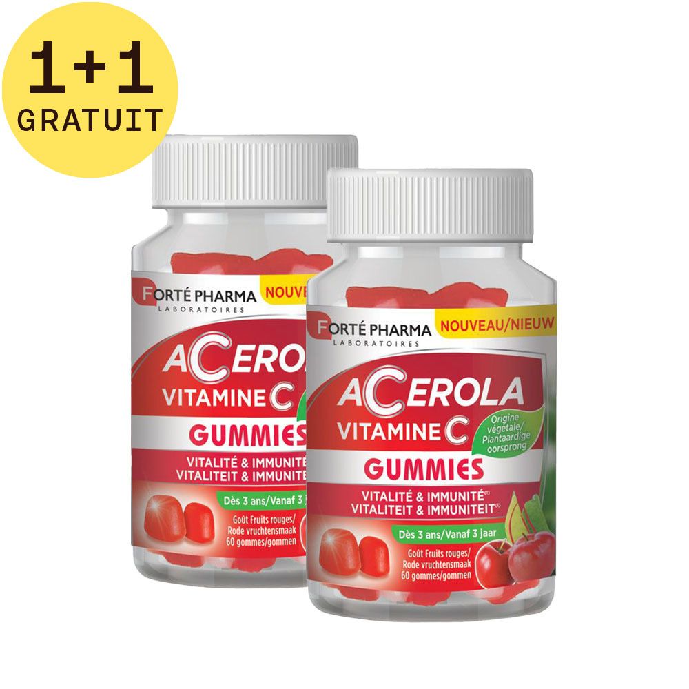 Deux flacons de gummies Acerola vitamine C. Récipients transparents avec bouchons blancs. Étiquettes rouges avec informations.