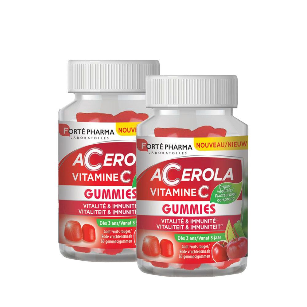 Deux flacons de gummies Acerola vitamine C avec étiquette 1+1 GRATUIT. Récipients transparents, bouchons blancs, étiquettes rouges.