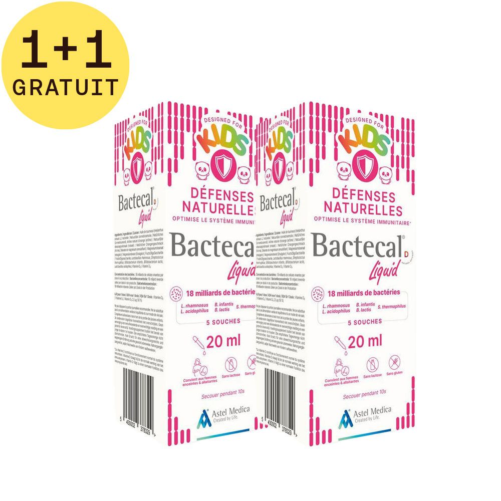 Deux boîtes de Bactecal® D Liquid Kids avec autocollant „1+1 GRATUIT“. Emballage blanc avec accents roses. Texte: „Défenses Naturelles“.