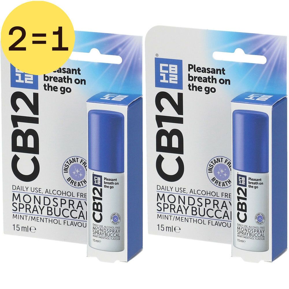 Deux packs de spray buccal CB12. Flacons bleus dans un emballage blanc et bleu. Inscription : 2=1, CB12, spray buccal, 15 ml.