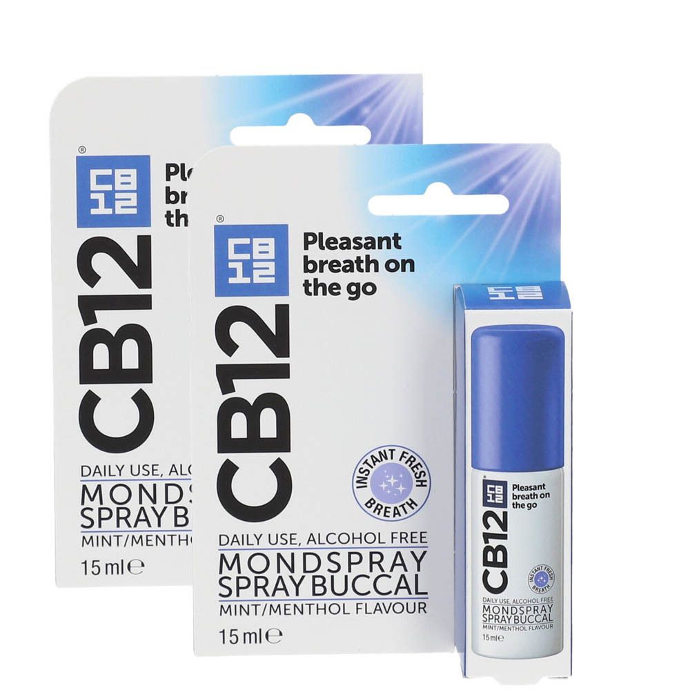 Spray buccal CB12, flacon bleu dans un emballage blanc et bleu. Inscription : CB12, spray buccal, 15 ml.