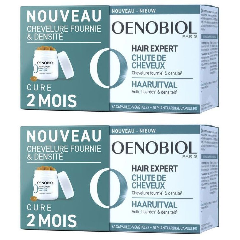 Deux boîtes de produit capillaire Oenobiol. Inscription: Hair Expert Chute de Cheveux. Contient 40 capsules. Inscription: Cure 2 Mois.