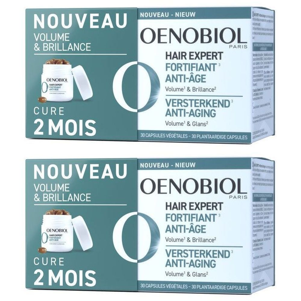 Deux boîtes Oenobiol. Inscription: Hair Expert Fortifiant Anti-Âge. Gélules pour volume et brillance. Cure 2 mois.