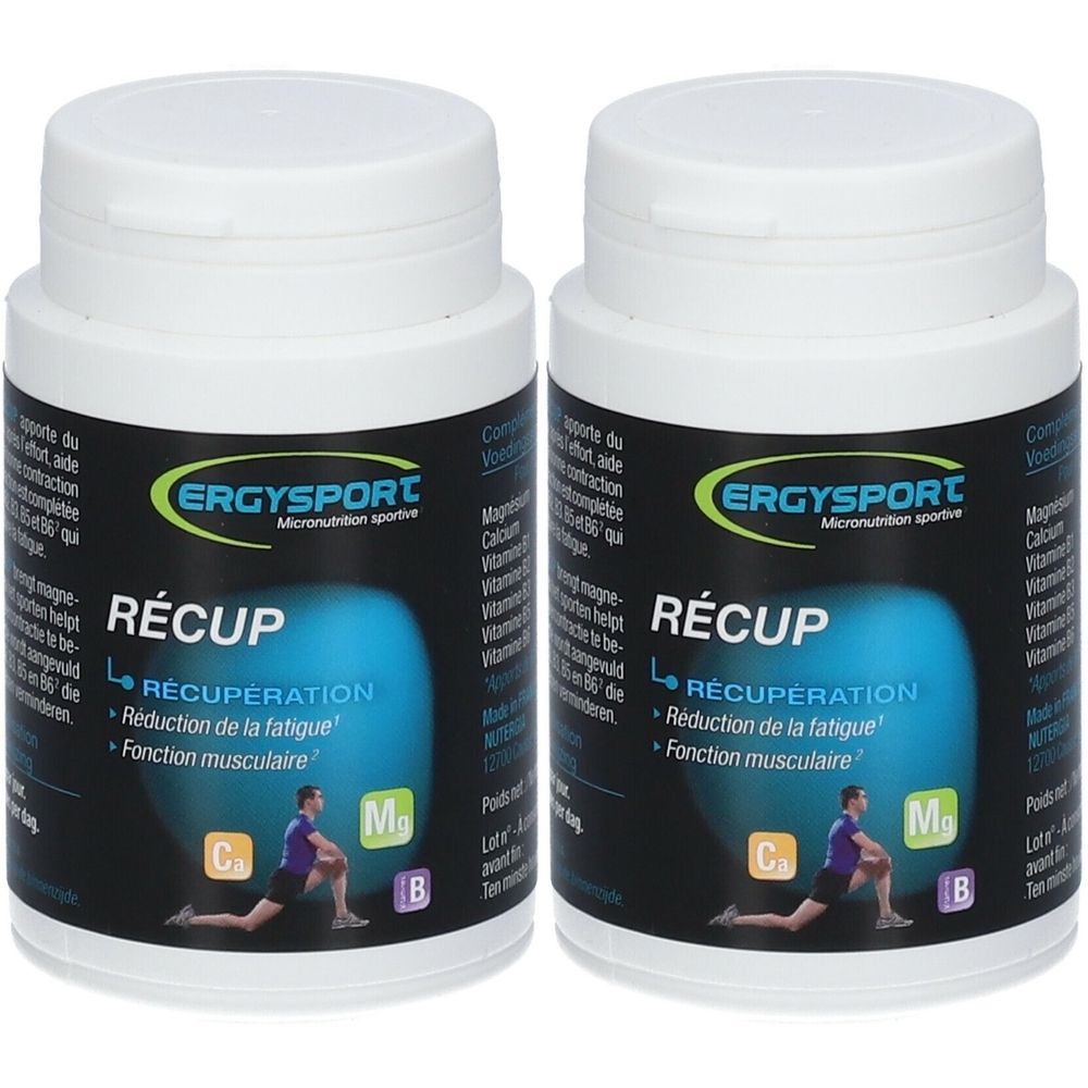 Zwei weiße Flaschen Ergysport Recup, blaue Etiketten. Aufschrift: Récup, Récupération, Reduzierung der Ermüdung, Muskelfunktion.