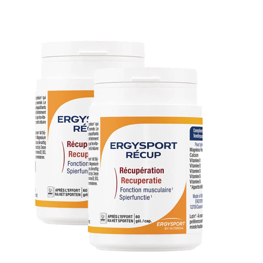 Deux flacons blancs Ergysport Recup, étiquettes oranges. Inscription: Récup, Récupération, 1+1 GRATUIT.