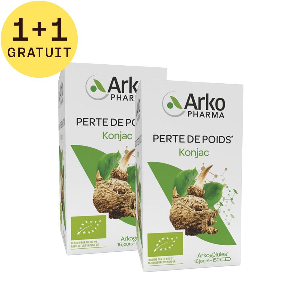 Deux boîtes avec 'PERTE DE POIDS Konjac'. Logo Arkopharma et label bio. Autocollant 1+1 GRATUIT.