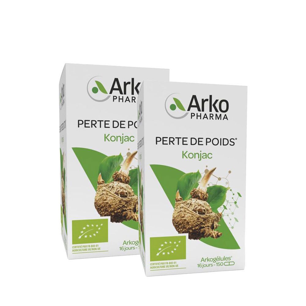 Deux boîtes avec 'PERTE DE POIDS Konjac'. Logo Arkopharma et label bio.