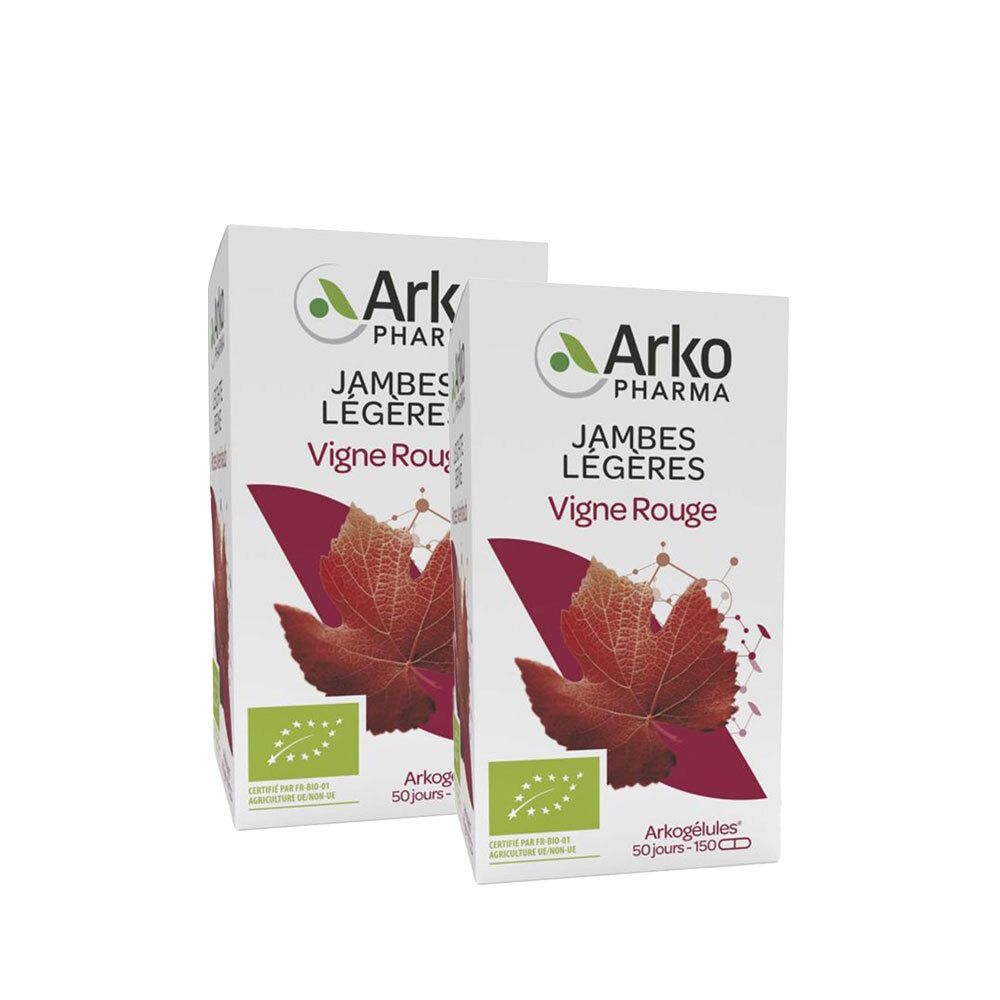 Deux boîtes Arkogélules Vitiven Vigne Rouge Bio. Boîtes blanches avec feuille rouge et logo.