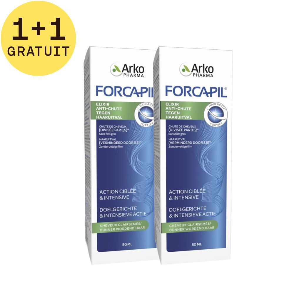 Deux boîtes de produit. Inscription: Forcapil, Elixir Anti-chute. Cercle jaune: 1+1 GRATUIT.