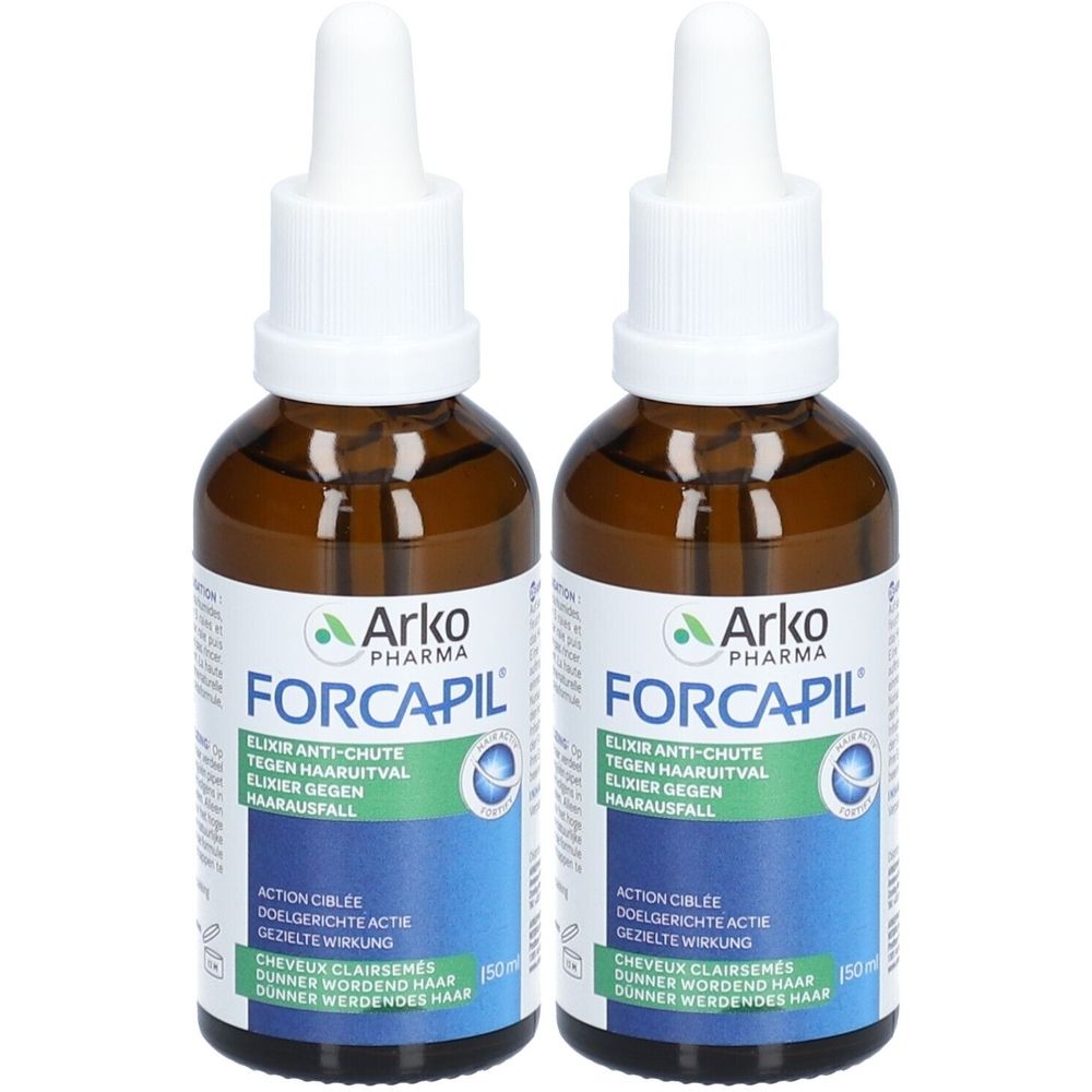 Deux flacons avec compte-gouttes. Flacons en verre brun avec étiquette blanche. Inscription: Forcapil, Elixir Anti-chute.