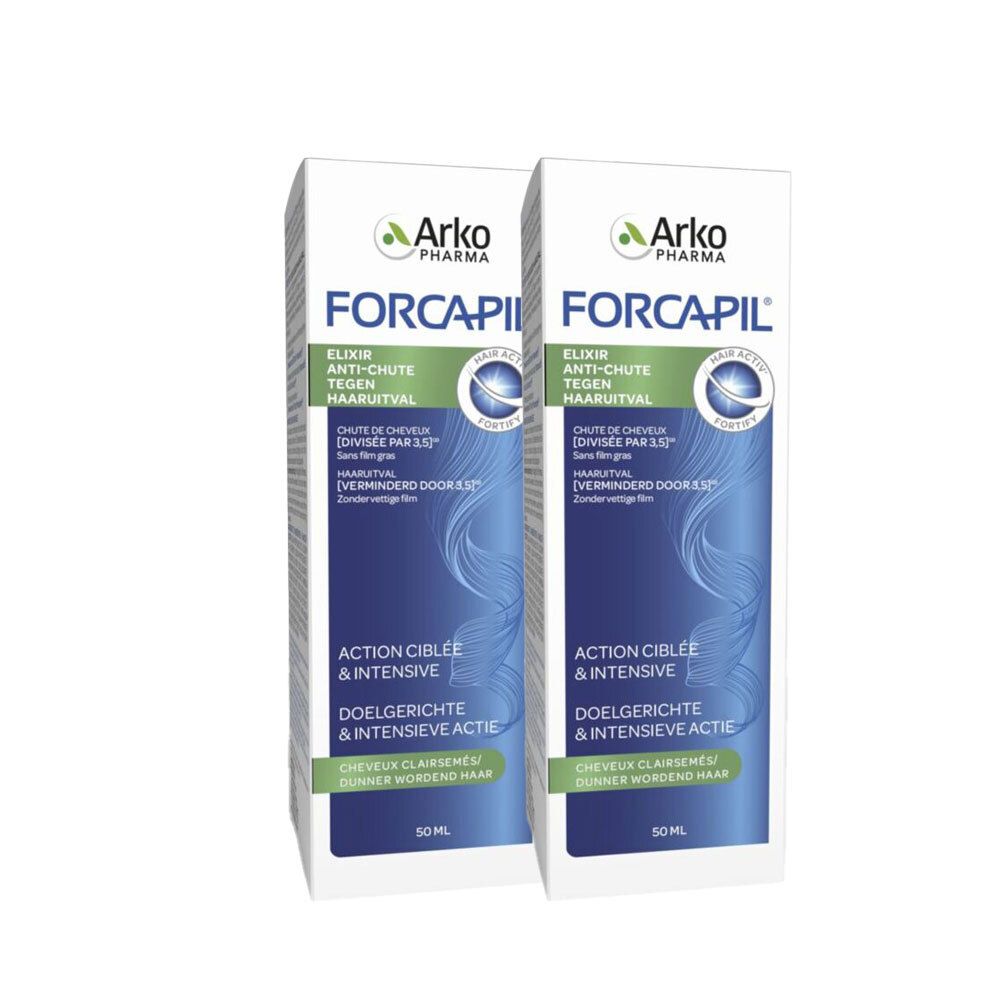 Deux boîtes de produit. Inscription: Forcapil, Elixir Anti-chute.