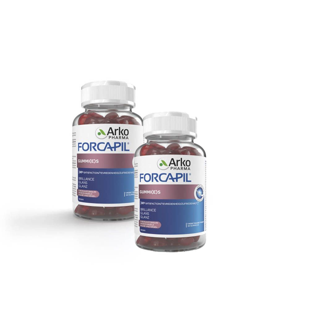Deux flacons de Forcapil Gummies. Inscription : Force, beauté, brillance. Contient biotine, vitamines, zinc et sélénium.