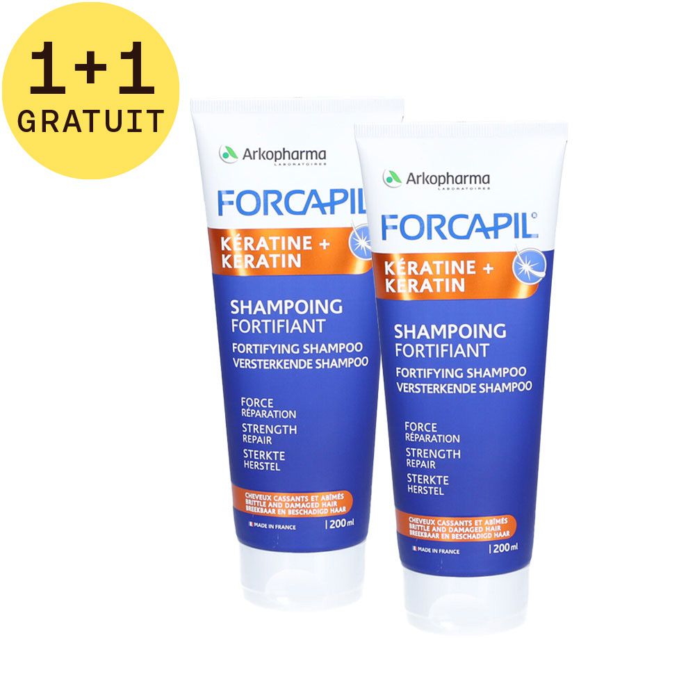 Deux tubes de shampooing Forcapil. Emballage blanc et bleu. Mention 1+1 GRATUIT. Contenance 200 ml.