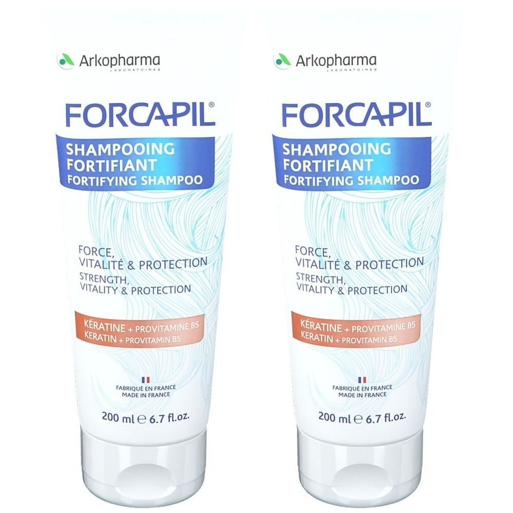 Deux tubes de shampooing Forcapil. Emballage blanc et bleu avec informations produit. Contenance 200 ml.