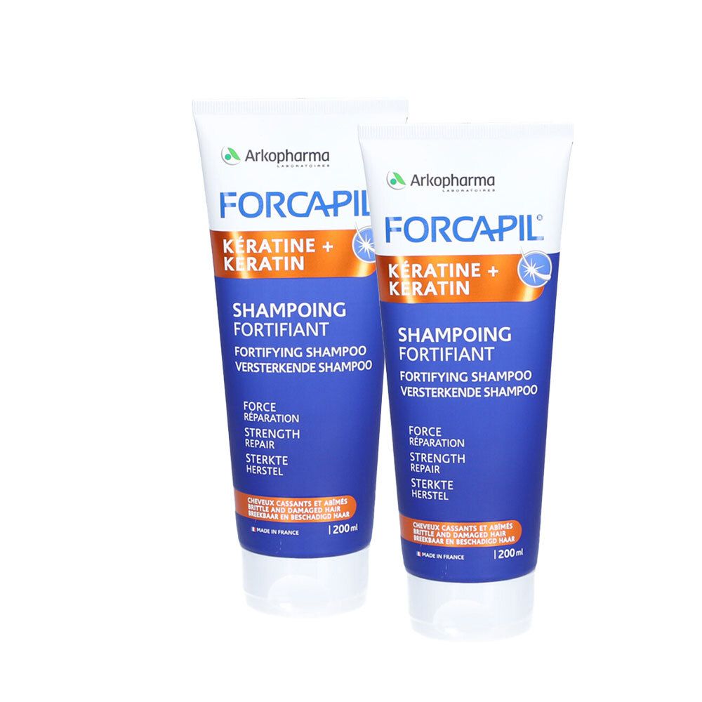 Deux tubes de shampooing Forcapil. Emballage blanc et bleu. Mention 1+1 GRATUIT. Contenance 200 ml.