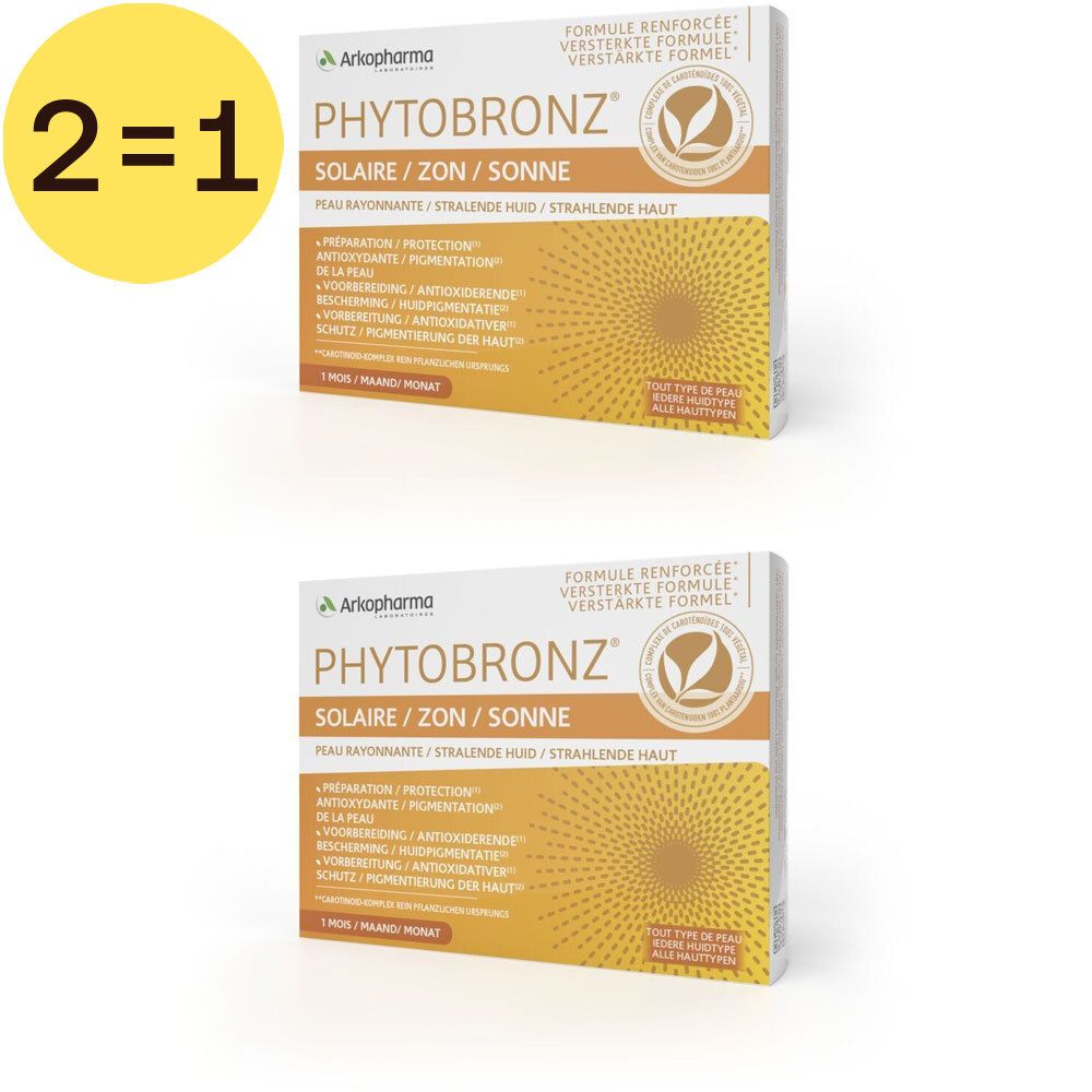 Deux boîtes de Phytobronz. Inscription: Solaire, protection, antioxydant, pigmentation. Emballage jaune et blanc. Autocollant 2=1.