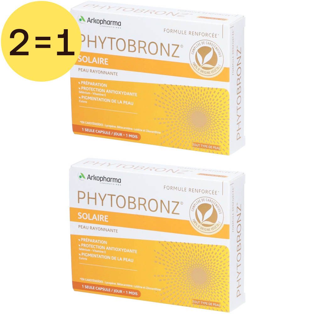 Deux boîtes de Phytobronz. Inscription: Solaire, protection, antioxydant, pigmentation. Emballage jaune et blanc. Autocollant 2=1.