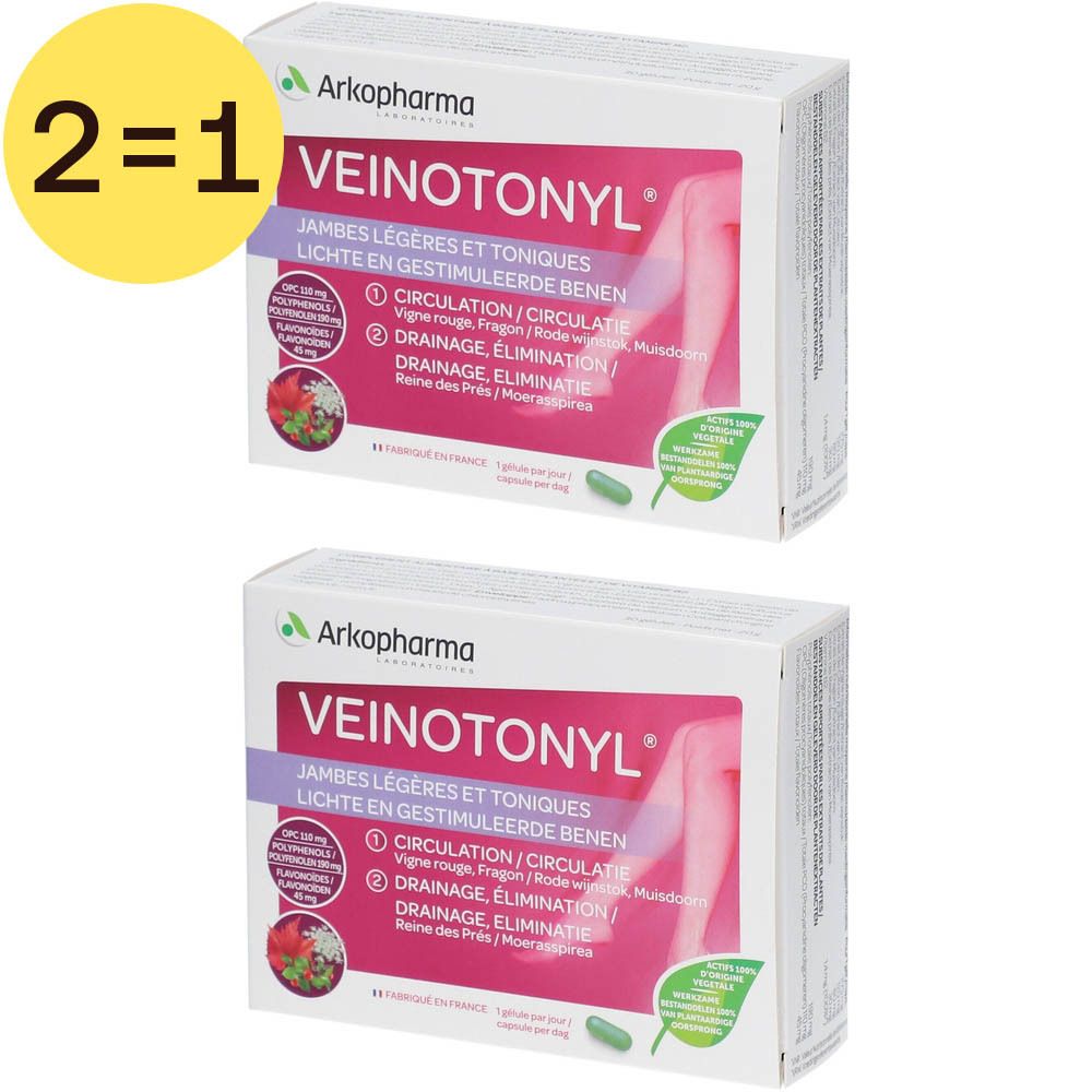 Deux boîtes de Veinotonyl® 2 pour 1. Boîtes blanches avec nom et logo du produit. Étiquette jaune "2=1".