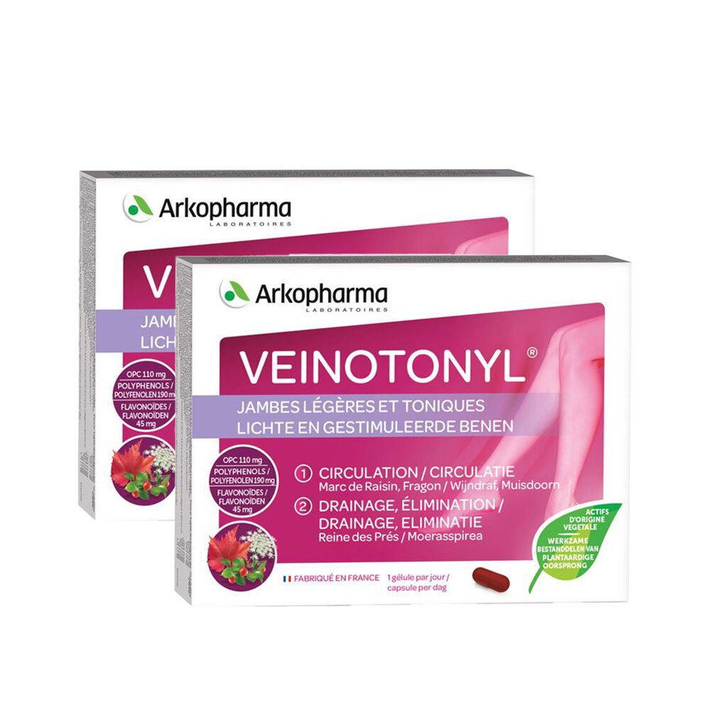 Deux boîtes de Veinotonyl®. Boîtes blanches avec nom et logo. Inscriptions en français. Capsule rouge.