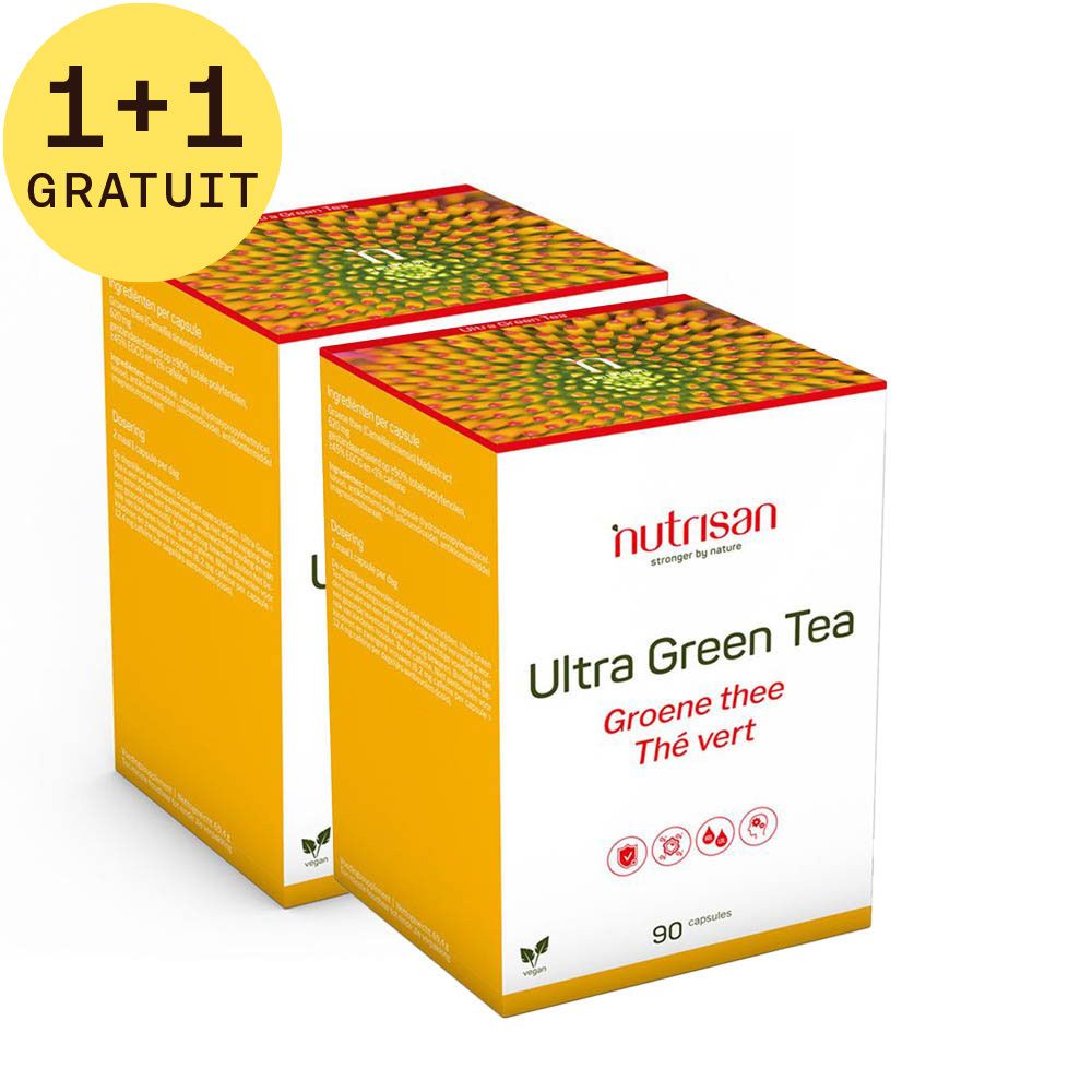 Deux boîtes jaunes "Nutrisan Ultra Green Tea" avec autocollant "1+1 GRATUIT". "90 capsules".