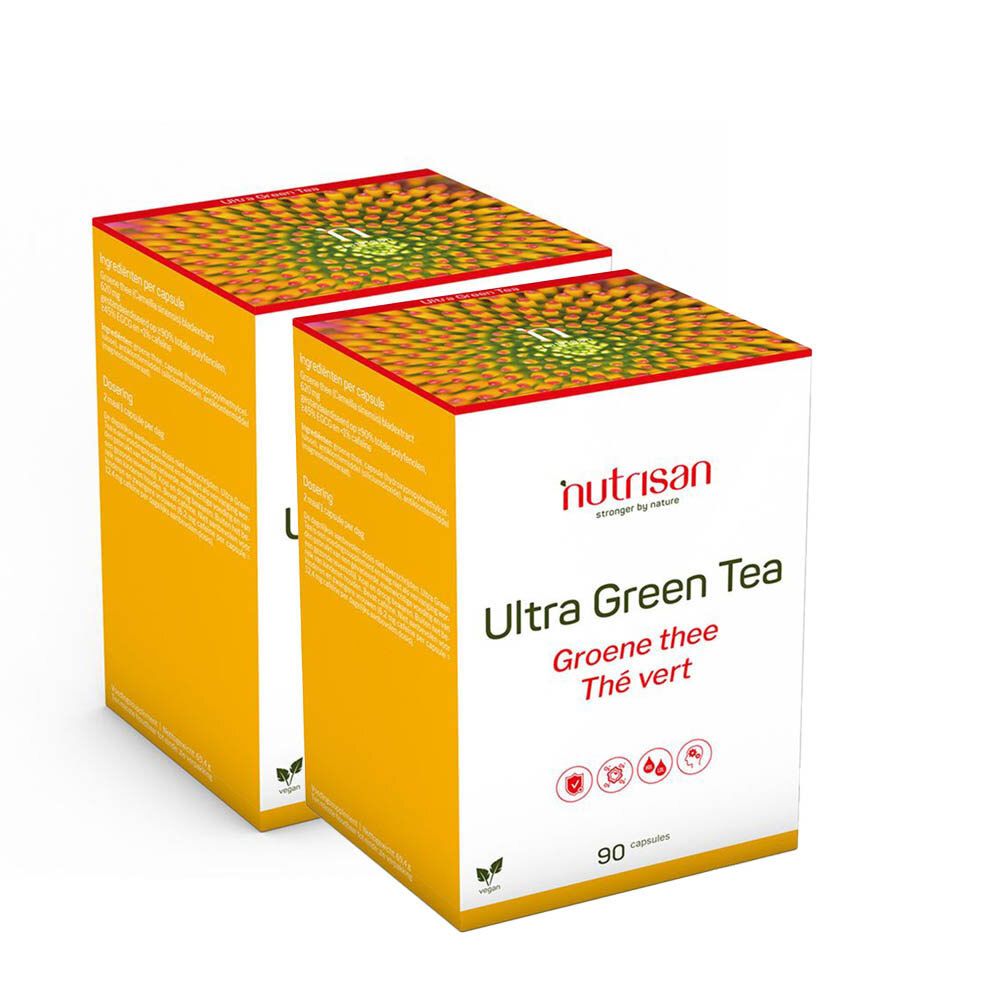 Deux boîtes jaunes "Nutrisan Ultra Green Tea" avec autocollant "1+1 GRATUIT". "90 capsules".