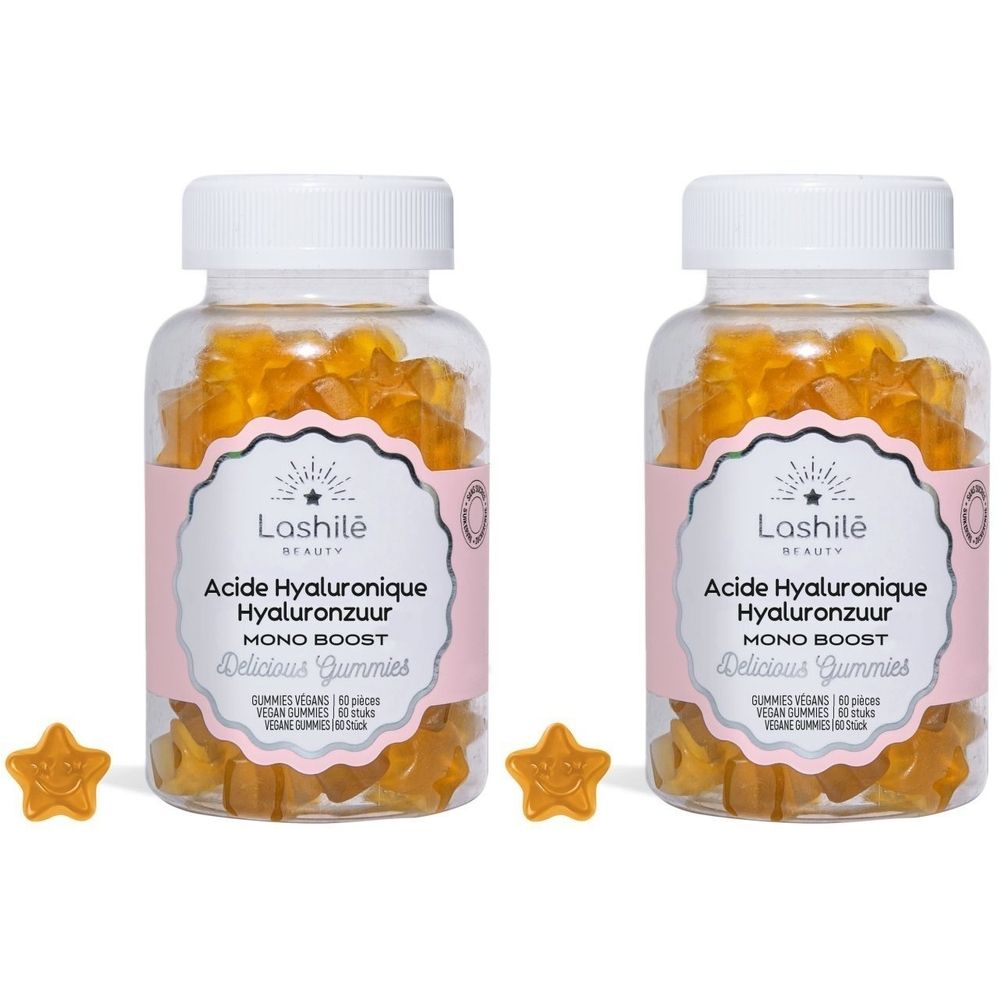 Zwei Flaschen mit gelben Stern-Gummibärchen. Aufkleber mit Text. Weiße Deckel.