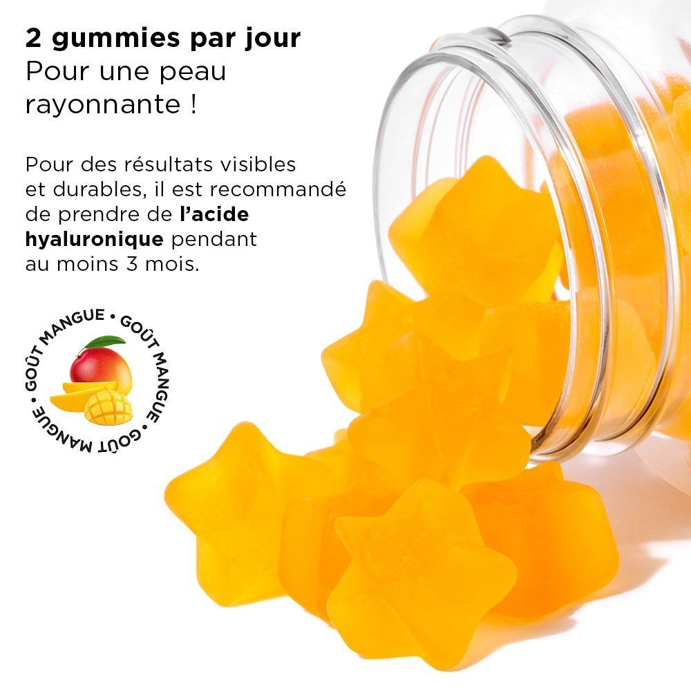 Un flacon ouvert de gummies en forme d'étoiles jaunes. Texte sur fond rose.