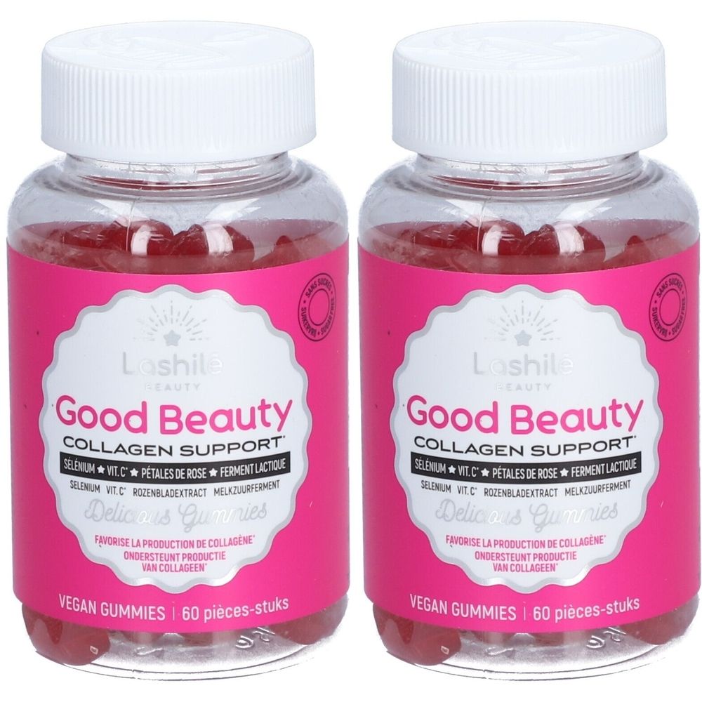 Deux flacons avec étiquettes roses. Inscription: Lashilé Beauty Good Beauty Collagen Support. 60 gummies végétaliens.