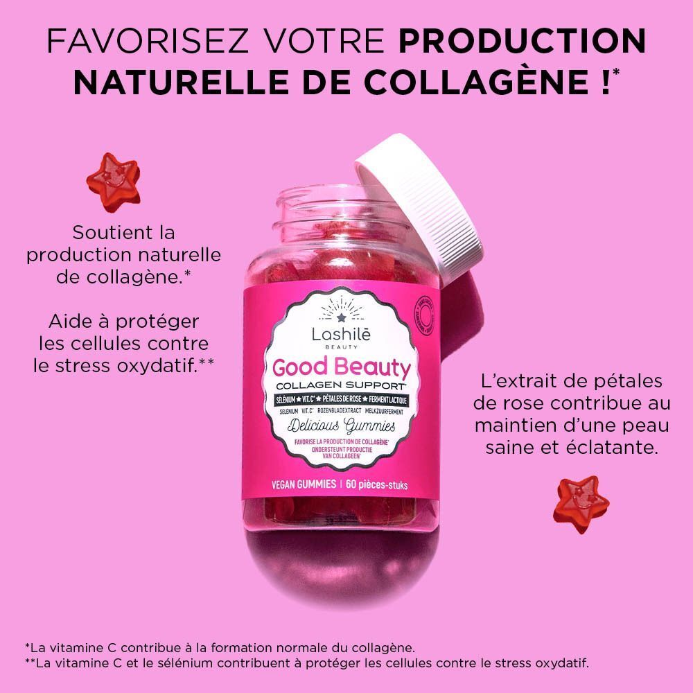 Une bouteille avec étiquette rose. Inscription: Lashilé Beauty Good Beauty Collagen Support. 60 gummies végétaliens. Gummies en forme d'étoile.