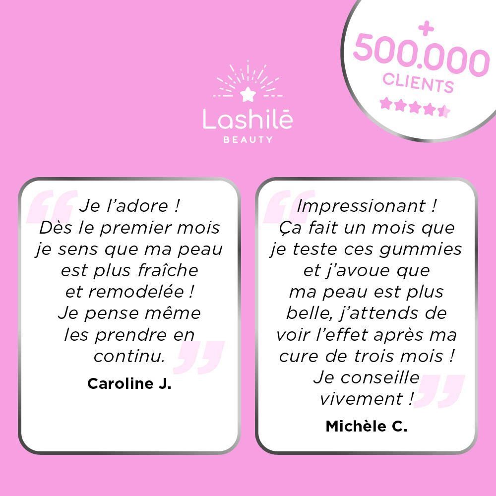 Une femme sourit. Elle touche sa peau. Fond rose. Logo Lashilé Beauty.