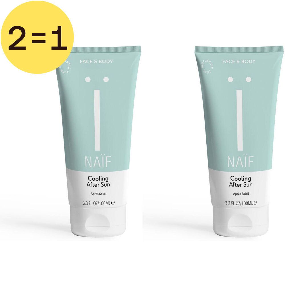 Deux tubes Naïf Cooling After Sun. Tubes bleu clair avec texte blanc. En haut à gauche : autocollant 2=1.