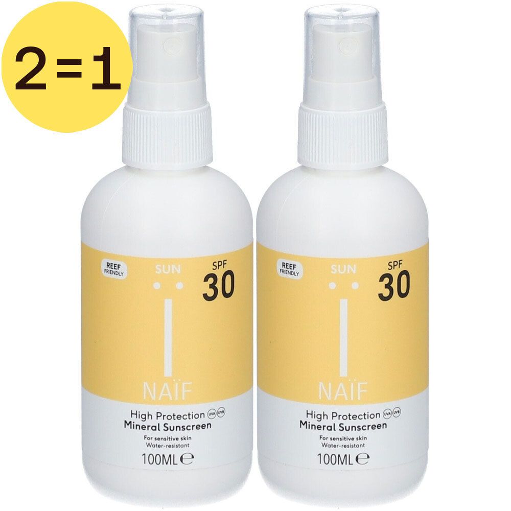 Deux flacons spray blancs avec étiquettes jaunes. Inscription : SPF 30, Naïf, Mineral Sunscreen. Label jaune 2=1.
