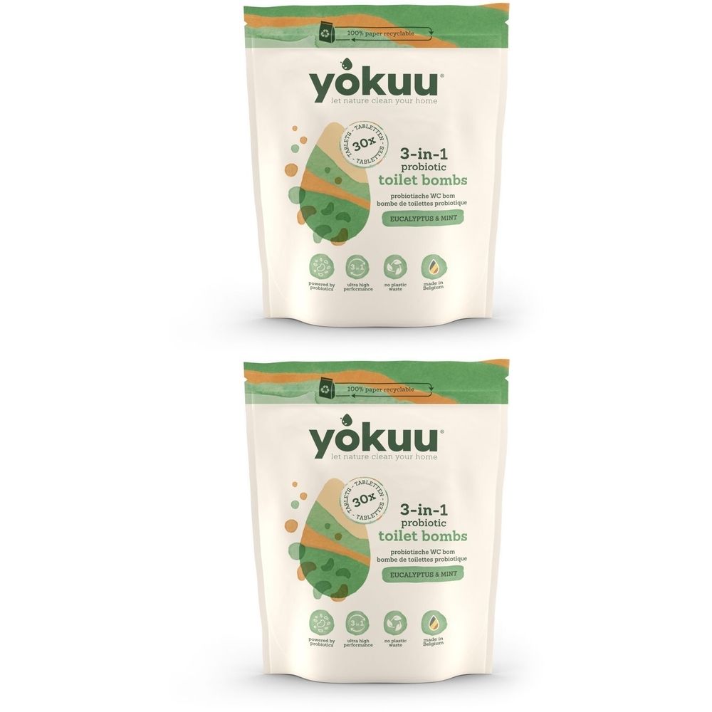 Deux sachets de tablettes WC YOKUU. Sachet blanc avec accent vert, illustration du produit et texte. Eucalyptus & Menthe.