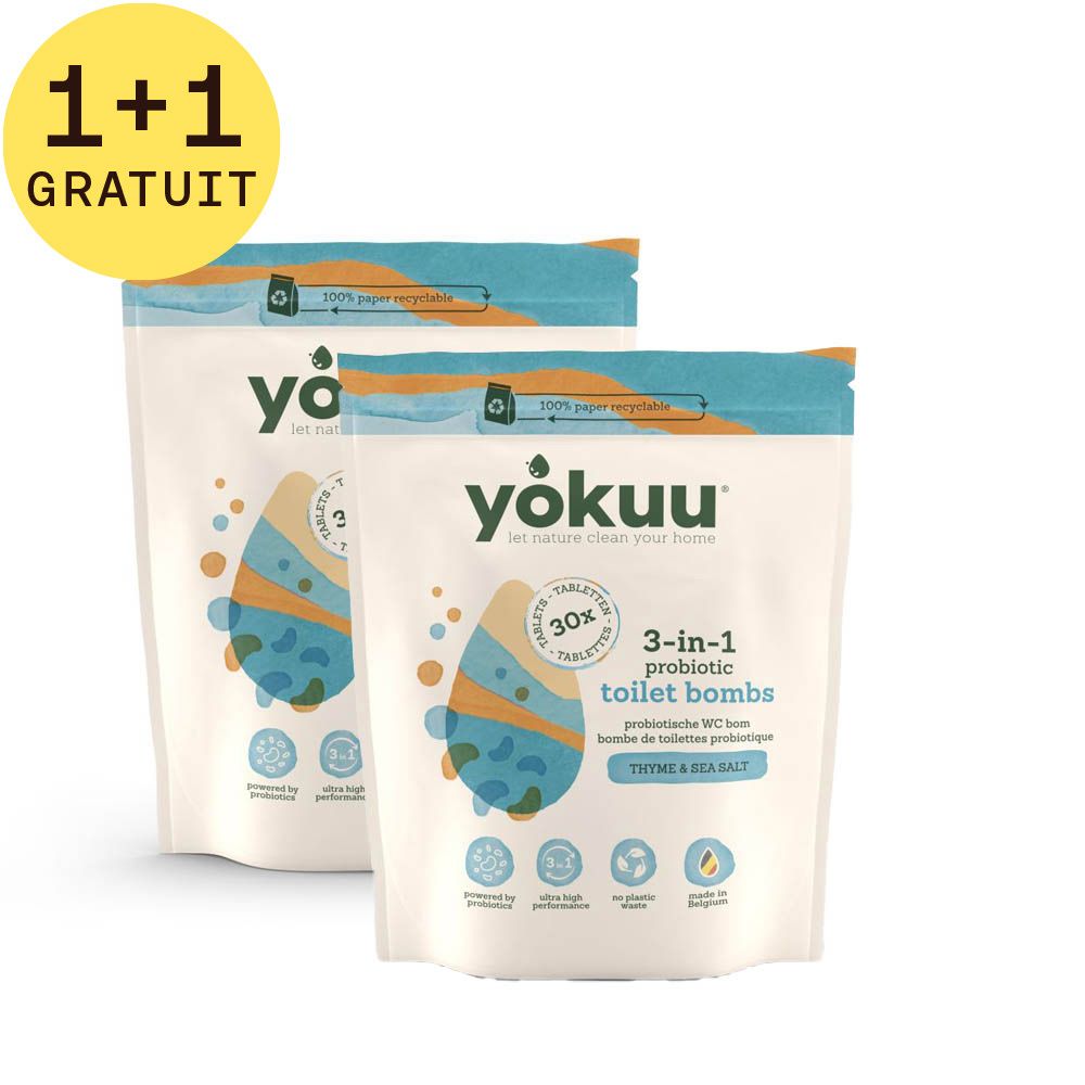 Deux paquets de nettoyant pour toilettes Yokuu avec autocollant '1+1 GRATUIT'. Emballage blanc avec illustration et texte du produit.