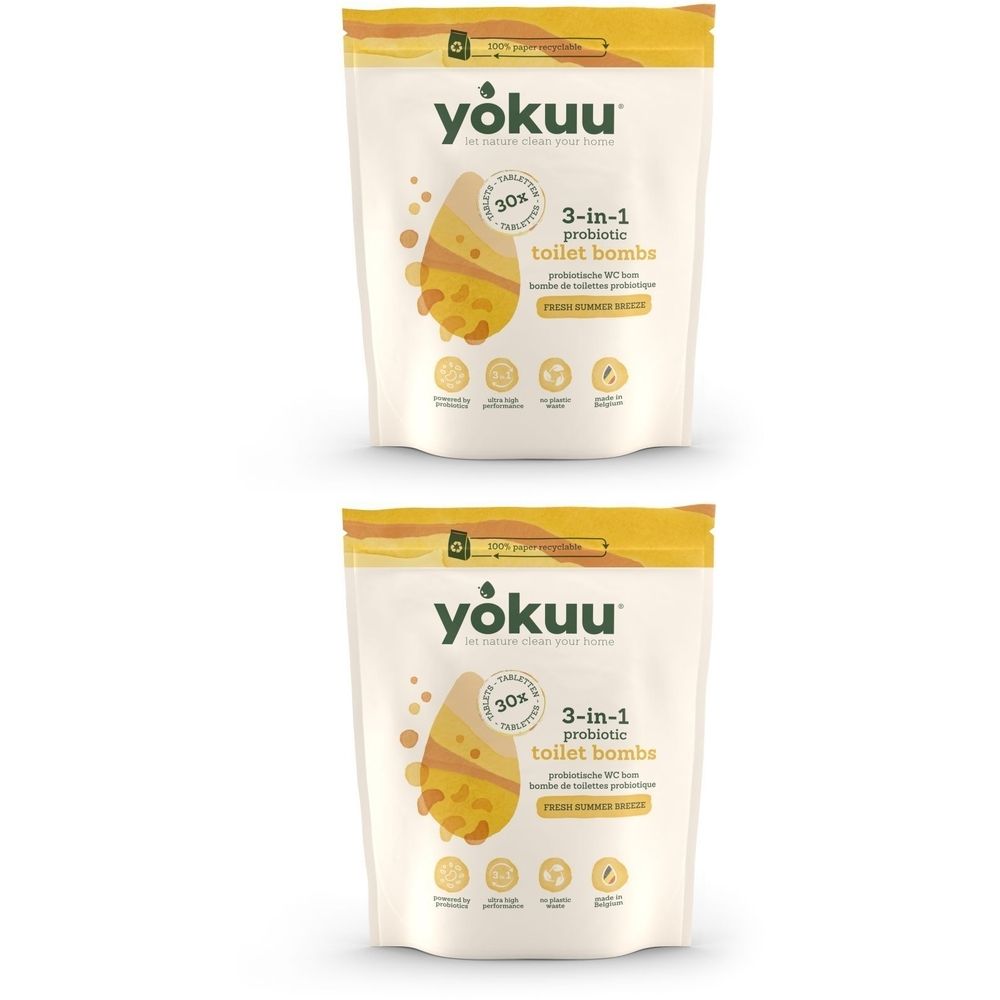 Deux sachets avec fermeture éclair jaune. Inscription : Yokuu, bombes de toilette probiotiques 3-en-1. Design jaune avec informations.