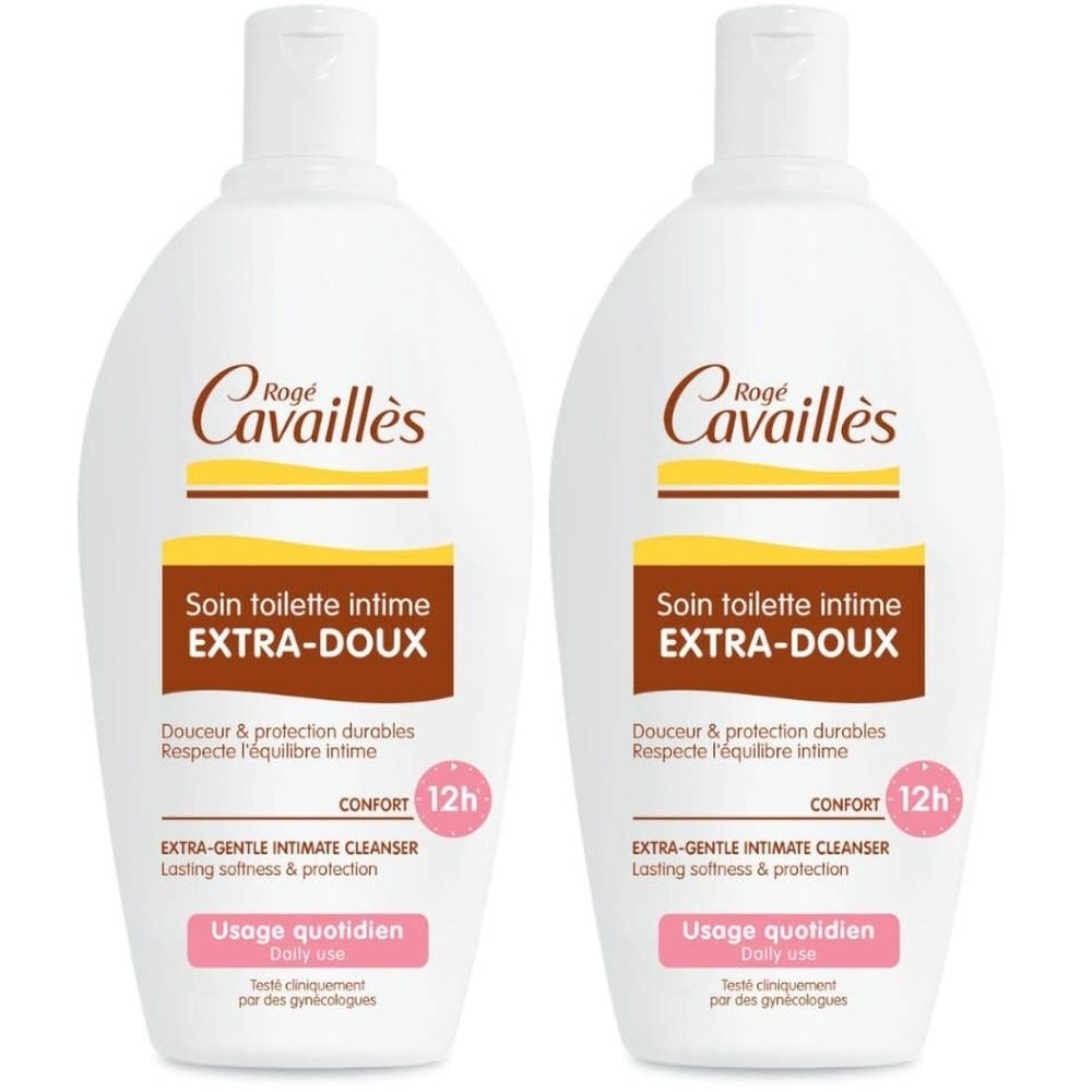 Zwei Flaschen Intimwaschlotion. Weißes Flaschendesign mit braunen und gelben Akzenten. Text: Rogé Cavaillès, Extra-Doux.