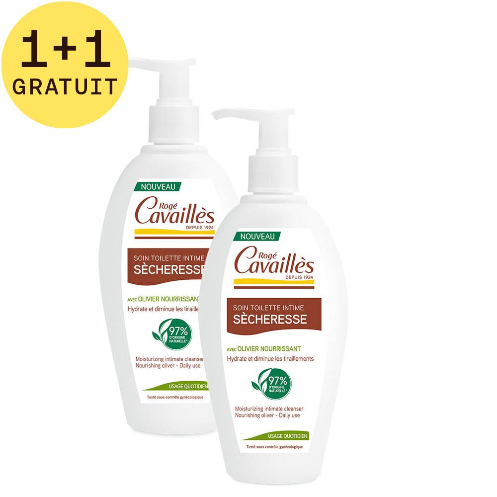 Deux flacons avec pompe. Inscription "Rogé Cavaillès Soin Toilette Intime Sécheresse". 1+1 GRATUIT.