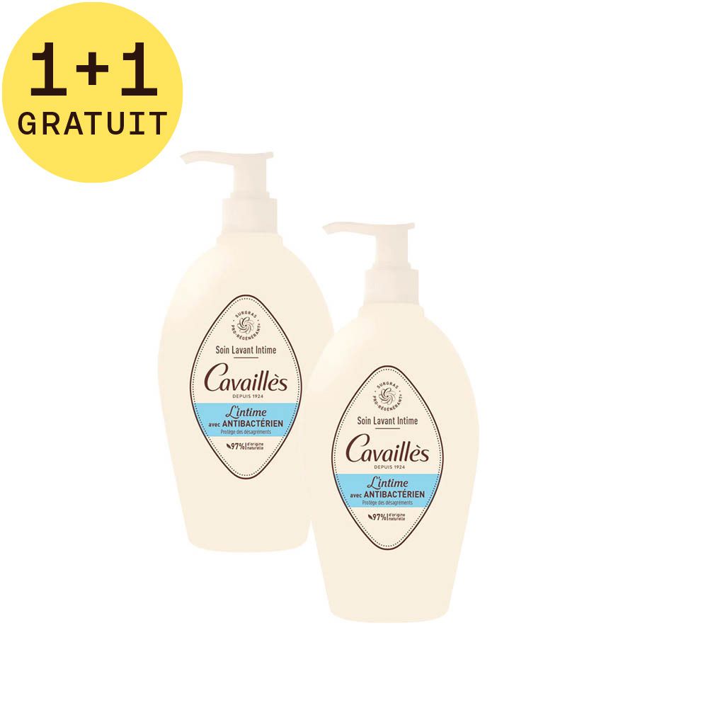 Deux flacons de gel intime avec sticker gratuit. Forme ovale, crème, avec pompe. Inscription: Cavaillès, L'intime avec Antibactérien.