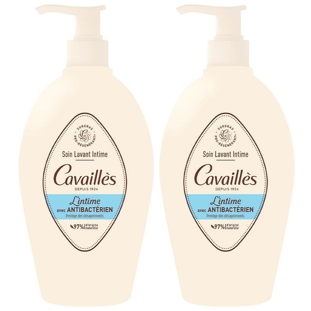 Zwei Flaschen Intimgel. Oval, cremefarben, mit Spender. Aufschrift: Cavaillès, L'intime avec Antibactérien.