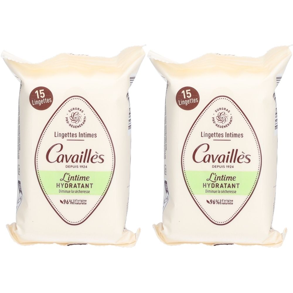 Zwei Packungen Intim-Feuchttücher. Jede Packung enthält 15 Tücher. Aufschrift: Cavaillès, L'intime Hydratant.