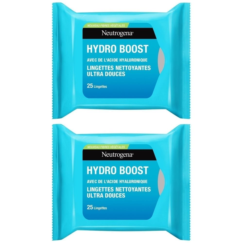 Deux paquets de lingettes nettoyantes Aqua Hydro Boost Neutrogena. Emballage bleu avec informations.