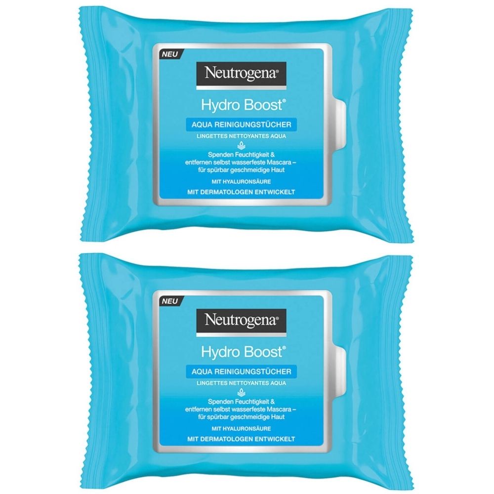 Zwei Packungen Neutrogena Hydro Boost Aqua Reinigungstücher. Blaue Verpackung mit Produktinformationen.