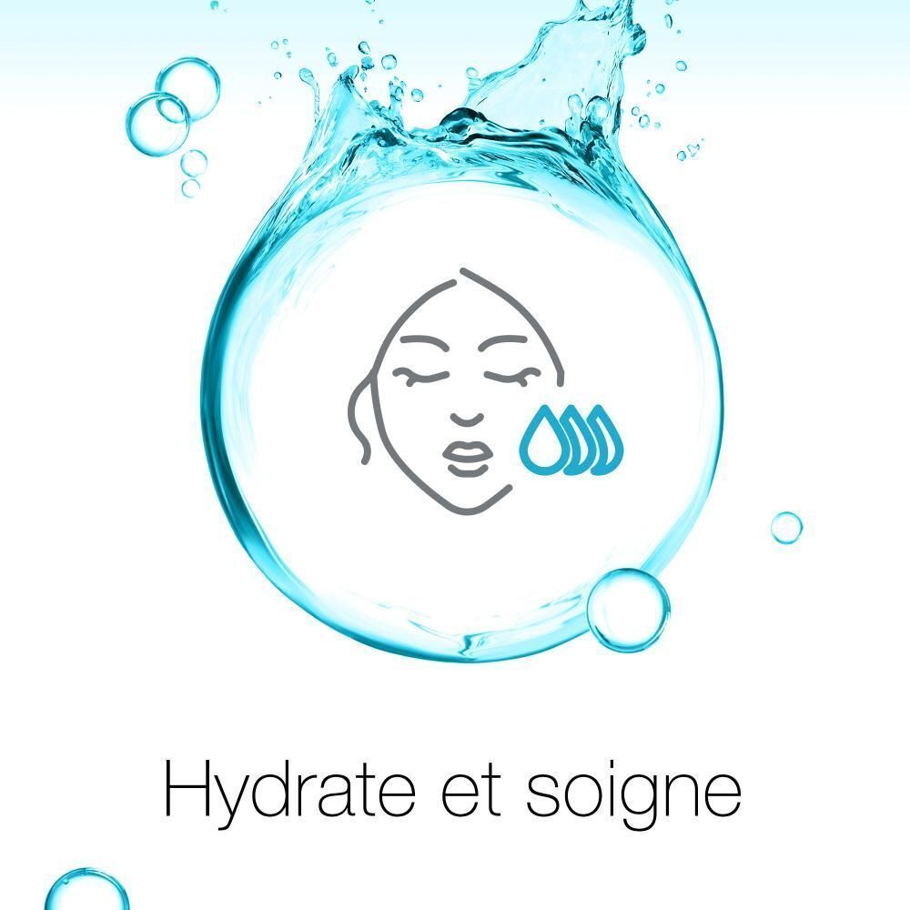Illustration : visage avec gouttes d'eau. Texte : Hydrate et soigne.