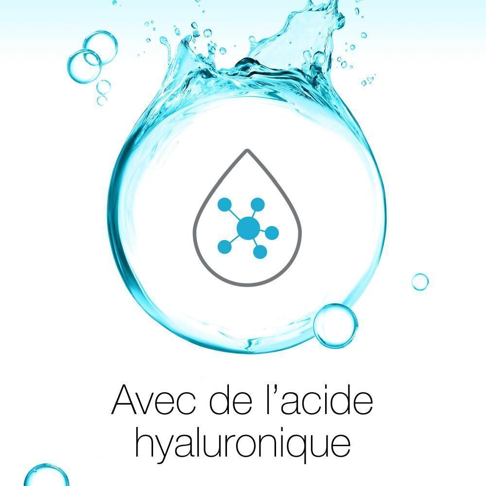Illustration : goutte d'eau avec molécules. Texte : Avec de l'acide hyaluronique.