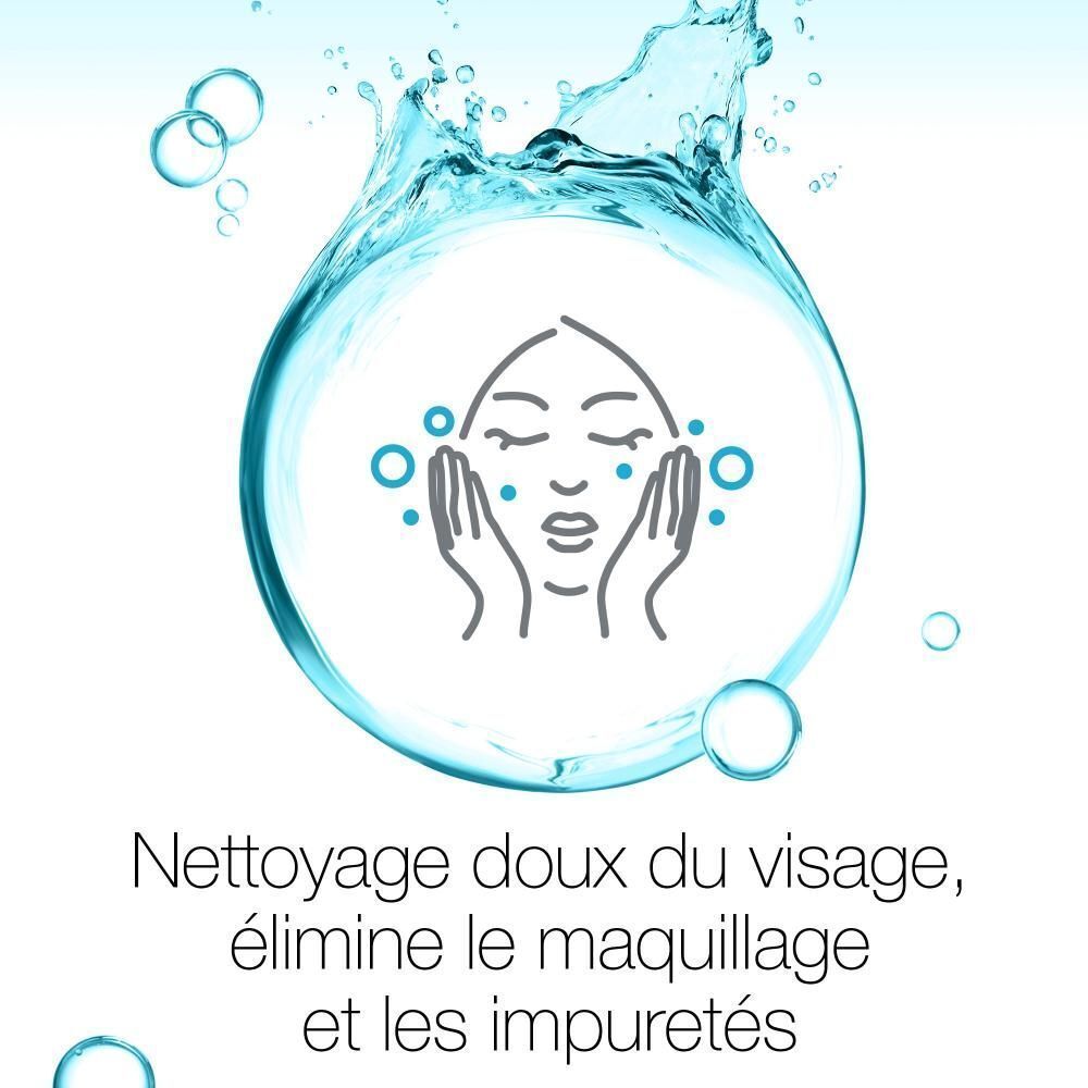 Illustration : visage avec mains. Texte : Nettoyage doux du visage, élimine le maquillage.