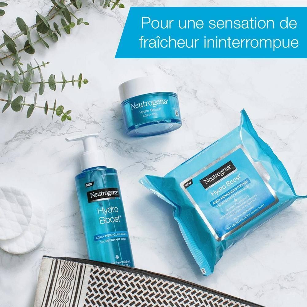 Différents produits Neutrogena Hydro Boost. Texte : Pour une sensation de fraîcheur ininterrompue.