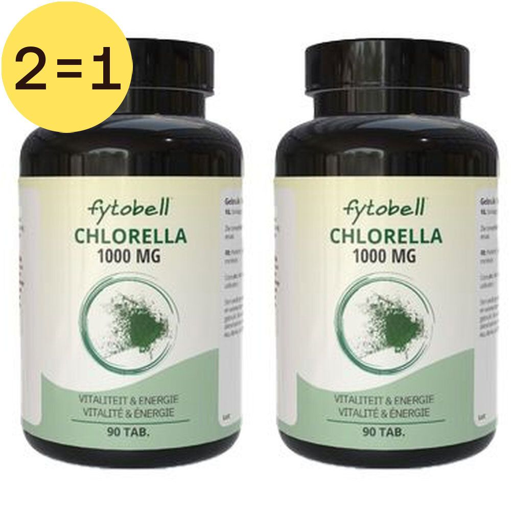 Deux flacons de Fytobell Chlorella 1000 MG. Bouchons noirs, étiquettes vertes. Label jaune 2=1.