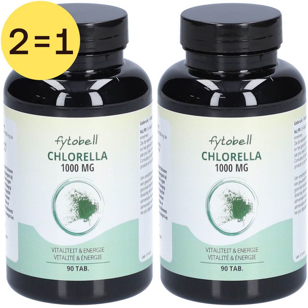 Deux flacons de Fytobell Chlorella 1000 MG. Bouchons noirs, étiquettes vertes. Label jaune 2=1.