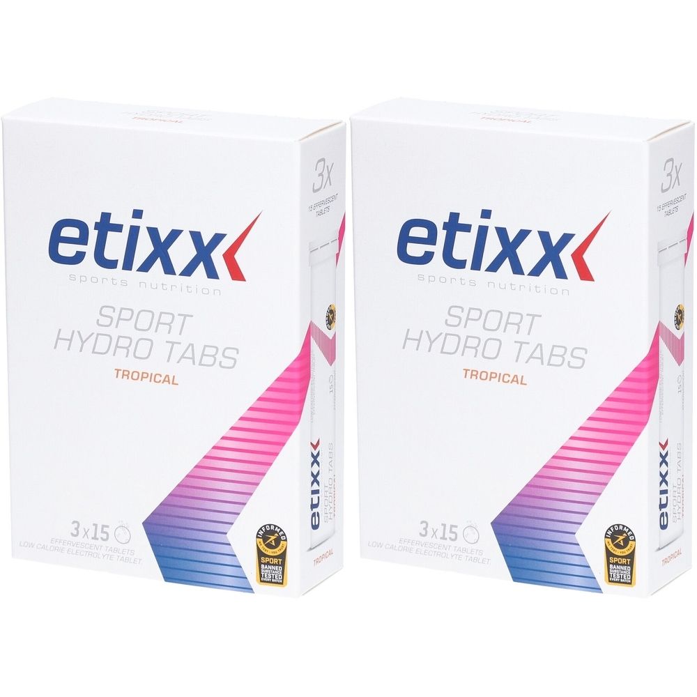 Deux boîtes blanches avec logo Etixx et texte Sport Hydro Tabs Tropical. Inscription 3x15. Logo de certification.