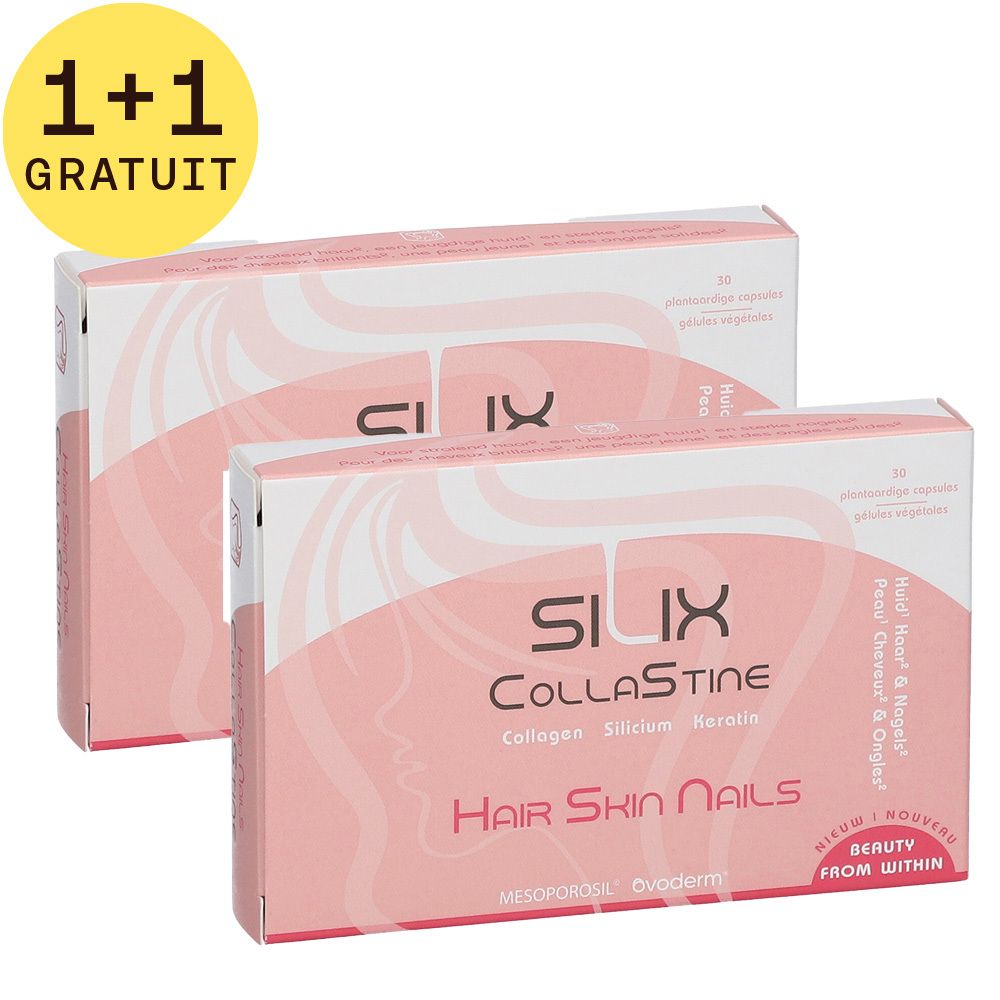 Deux boîtes roses avec impression du produit. Inscription : Silix Collastine, Collagène, Silicium, Kératine. Texte : Hair Skin Nails. Cercle jaune : 1+1 GRATUIT.